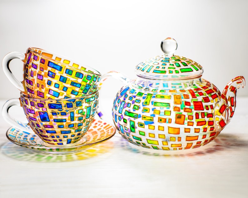 Colorful Glass Teapot Set: Hand Painted Tea Set, New Home Gift