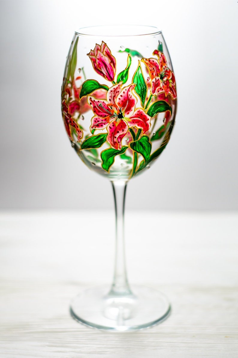 Flower Wine Glass, Hand Painted Floral Stargazer Lily Gift, Pink Lilies Flowers Gift