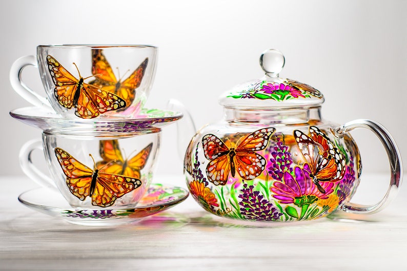 Hand Painted Butterfly Tea Set: Glass Teapot with Cups