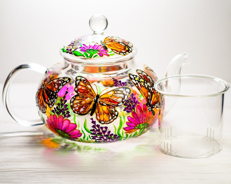 Hand Painted Butterfly Tea Set: Glass Teapot with Cups