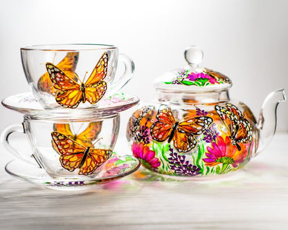 Hand Painted Butterfly Tea Set: Glass Teapot with Cups