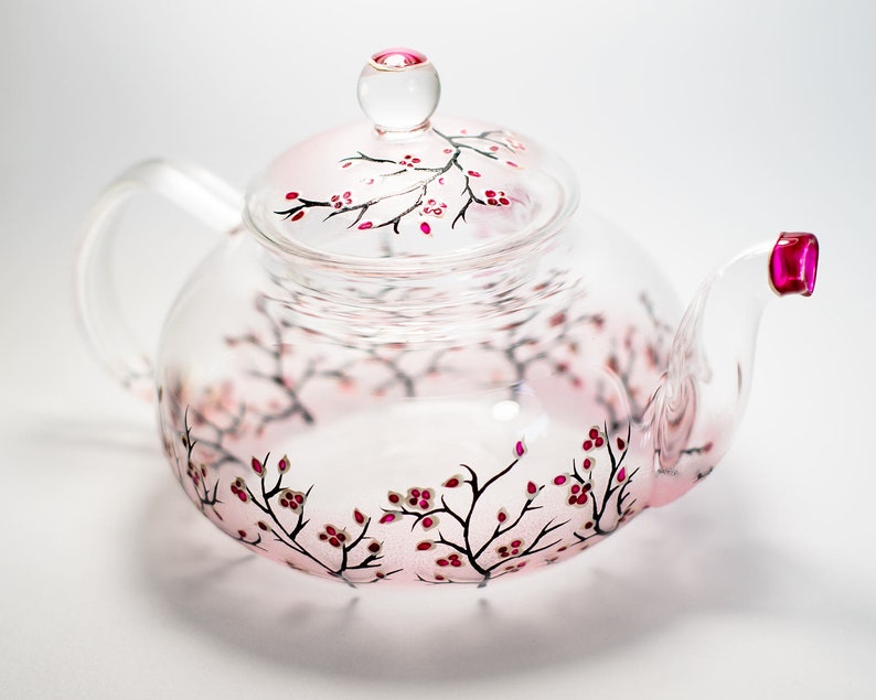 Glass Teapot Cherry Blossom, Unique Teapot Hand Painted Hostess Gift