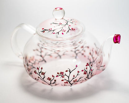 Glass Teapot Cherry Blossom, Unique Teapot Hand Painted Hostess Gift