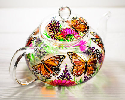 Glass Teapot Butterflies and Flowers, Hand Painted Tea Pot with Infuser, Personalized Grandma Gift