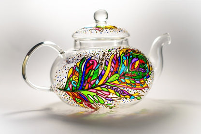 Hand Painted Glass Teapot: Feather Design, Tea Lover Gift