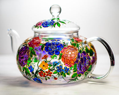 Gift for Mom Glass Teapot with Flowers, Wildflowers Tea Pot, Christmas Gift Mom