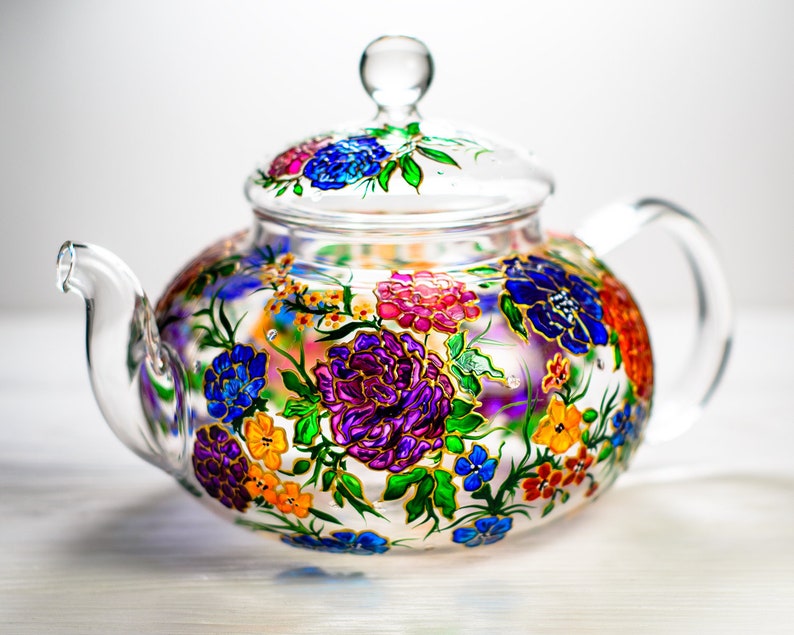 Gift for Mom Glass Teapot with Flowers, Wildflowers Tea Pot, Christmas Gift Mom