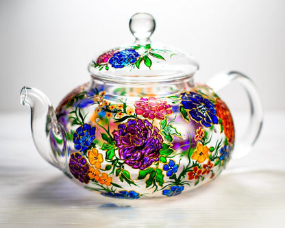 Gift for Mom Glass Teapot with Flowers, Wildflowers Tea Pot, Christmas Gift Mom