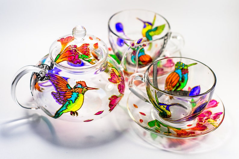 Hummingbird Tea Set Hand Painted Teapot with Cups and Saucers, Personalized Mom Birthday Gift