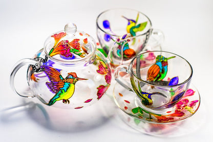 Hummingbird Tea Set Hand Painted Teapot with Cups and Saucers, Personalized Mom Birthday Gift