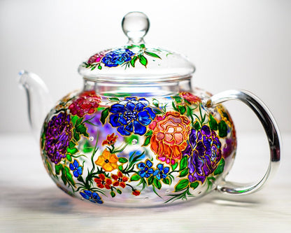 Hand Painted Flowers Glass Tea Set: Teapot with 2 Cups