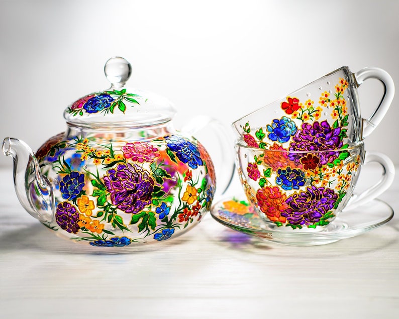 Hand Painted Flowers Glass Tea Set: Teapot with 2 Cups