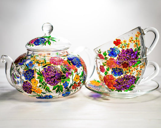Hand Painted Flowers Glass Tea Set: Teapot with 2 Cups