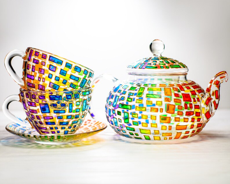 Colorful Glass Teapot Set: Hand Painted Tea Set, New Home Gift