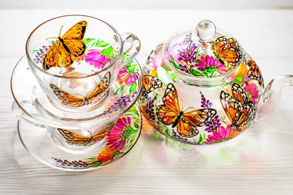 Hand Painted Butterfly Tea Set: Glass Teapot with Cups
