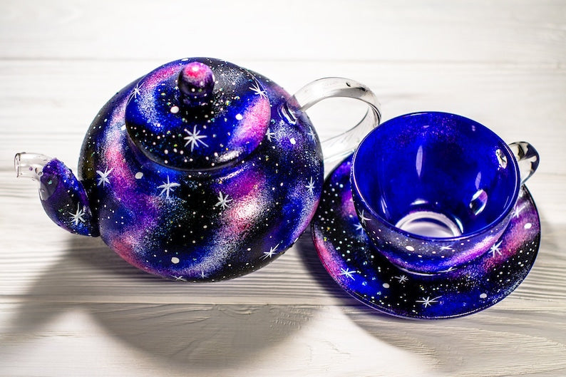 Hand Painted Celestial Glass Tea Set: Galaxy Teapot with Cup and Saucer