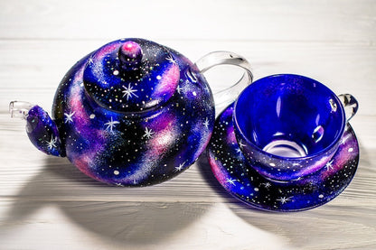 Hand Painted Celestial Glass Tea Set: Galaxy Teapot with Cup and Saucer