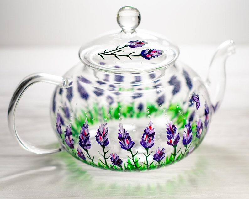Hand-Painted Purple Flowers Glass Teapot with Infuser