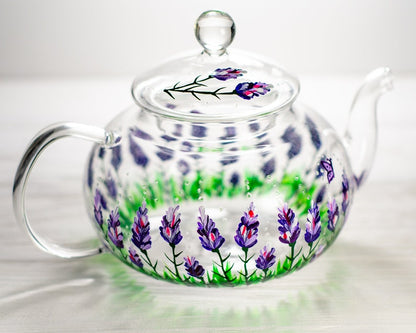 Hand-Painted Purple Flowers Glass Teapot with Infuser