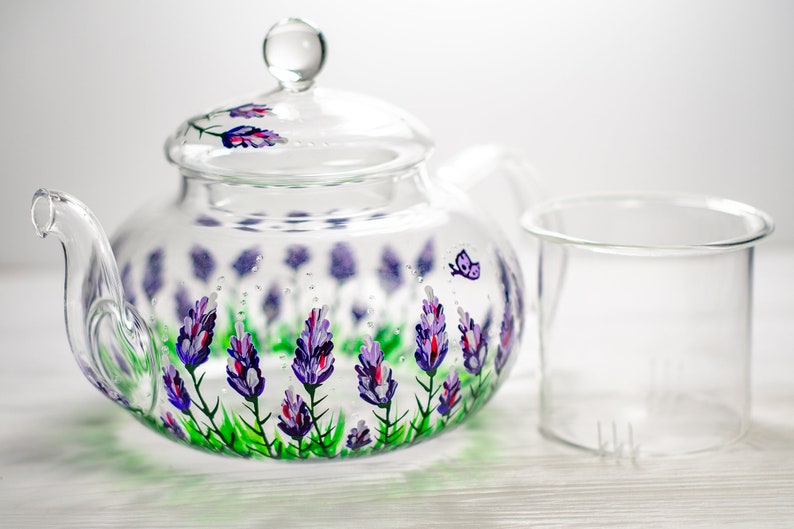 Hand-Painted Purple Flowers Glass Teapot with Infuser