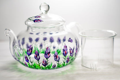 Hand-Painted Purple Flowers Glass Teapot with Infuser