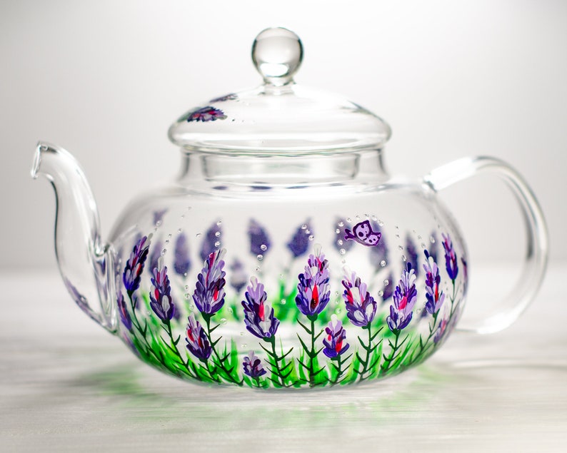 Hand-Painted Purple Flowers Glass Teapot with Infuser