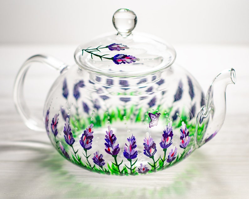 Hand-Painted Purple Flowers Glass Teapot with Infuser