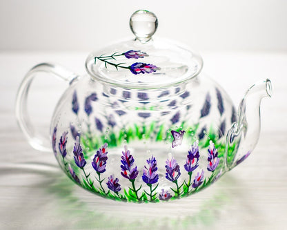 Hand-Painted Purple Flowers Glass Teapot with Infuser
