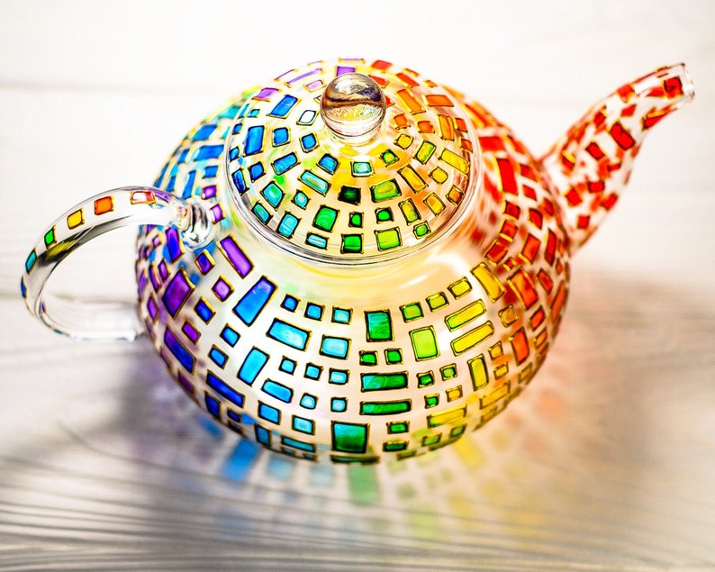 Hand Painted Glass Teapot with Infuser: Colorful Rainbow Design