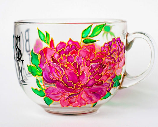 Hand Painted Pink Peony Mug