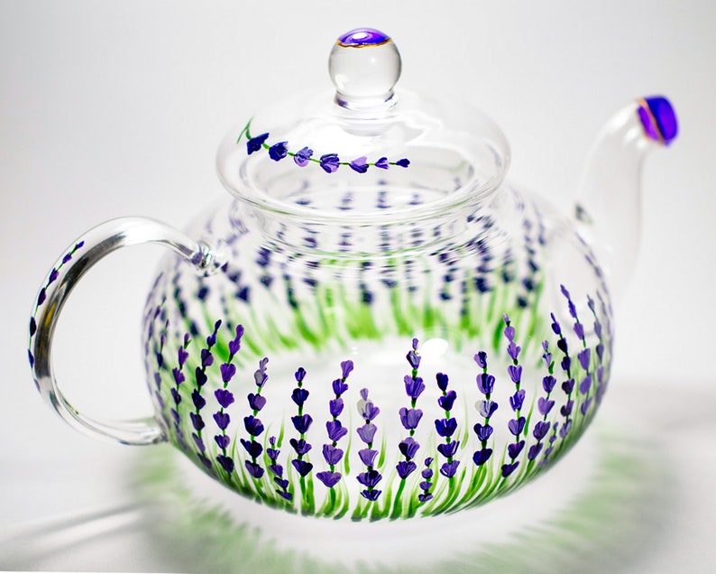Lavender Teapot Rustic Hand painted Glass Teapot with Infuser Tea Party Favors