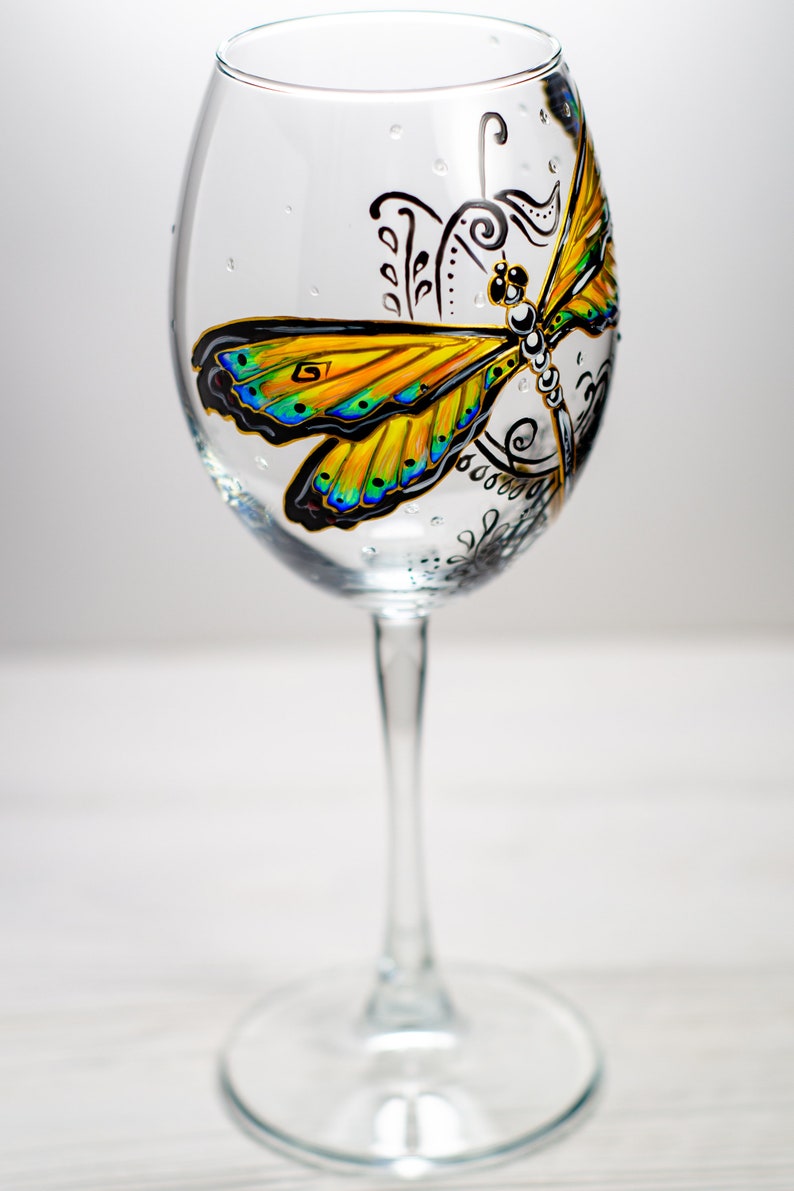 Hand Painted Dragonfly Wine Glass