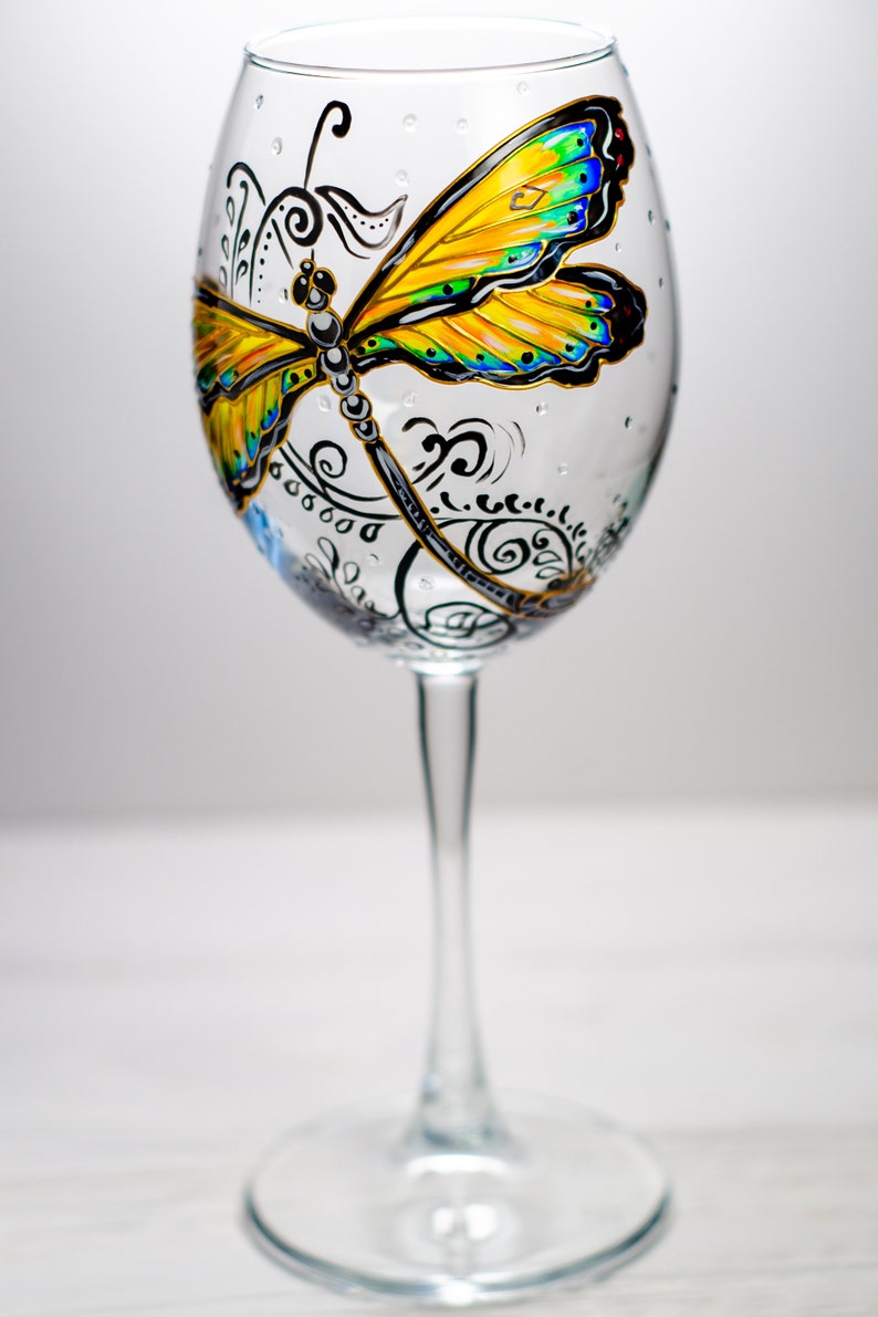 Hand Painted Dragonfly Wine Glass