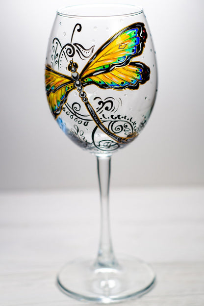 Hand Painted Dragonfly Wine Glass