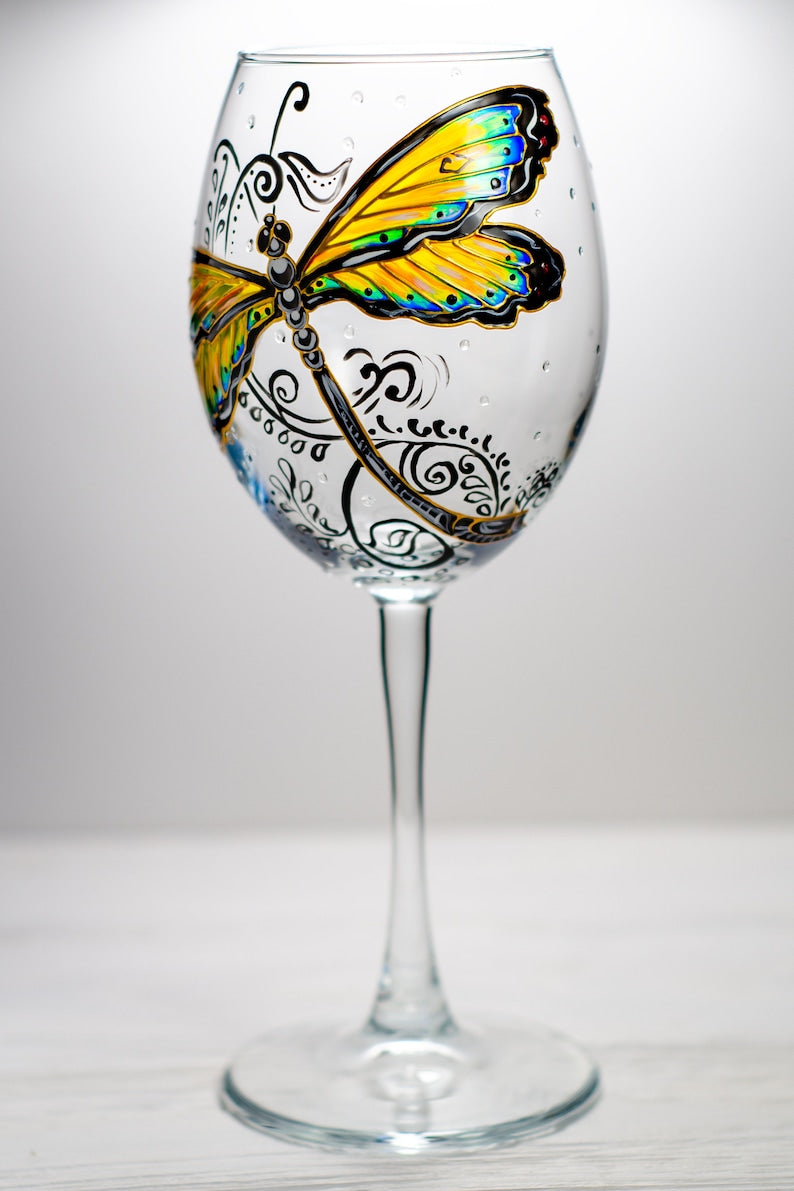 Hand Painted Dragonfly Wine Glass