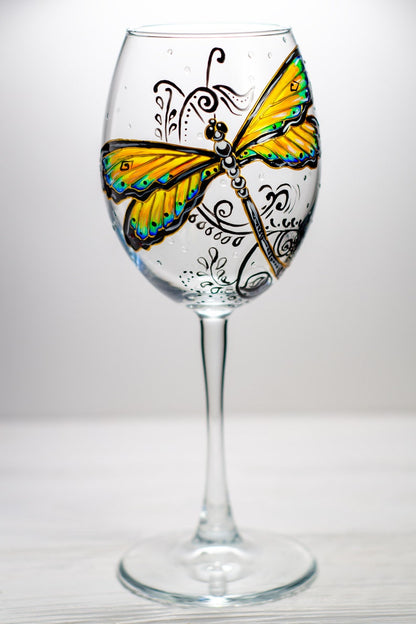 Hand Painted Dragonfly Wine Glass