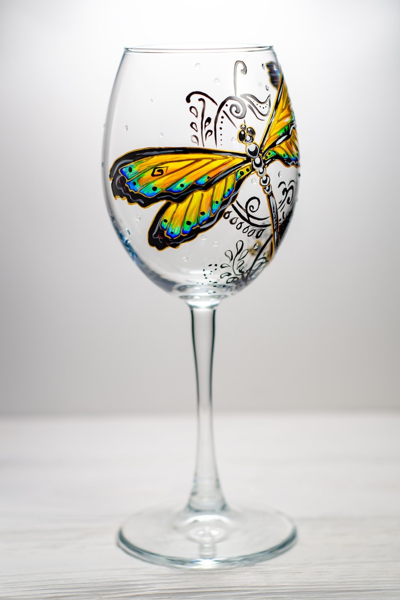 Hand Painted Dragonfly Wine Glass