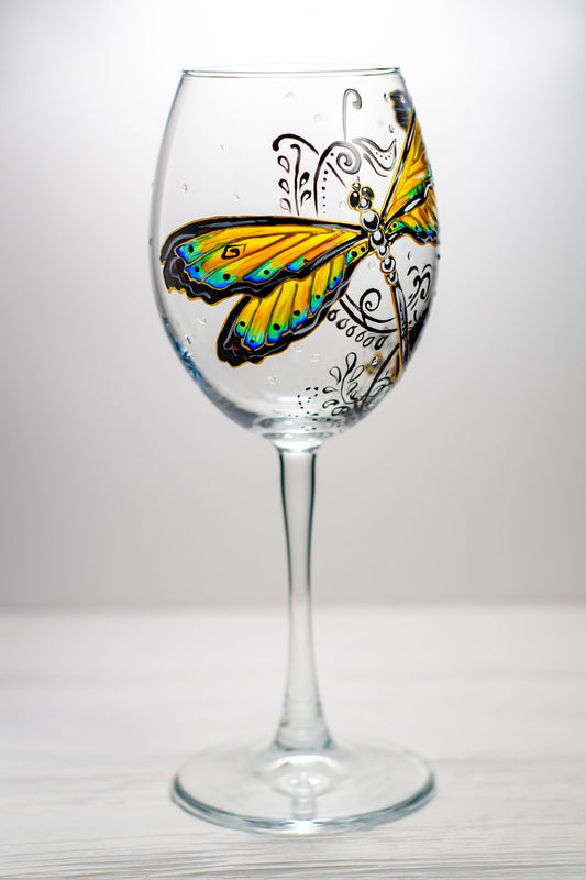 Hand Painted Dragonfly Wine Glass
