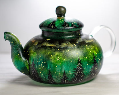 Hand Painted Aurora Borealis Teapot, Christmas Northern Lights Glass Tea Pot