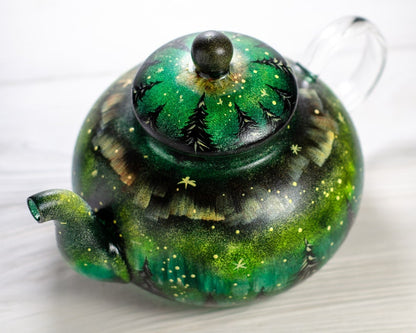 Hand Painted Aurora Borealis Teapot, Christmas Northern Lights Glass Tea Pot