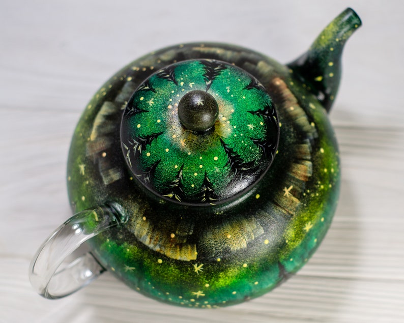 Hand Painted Aurora Borealis Teapot, Christmas Northern Lights Glass Tea Pot