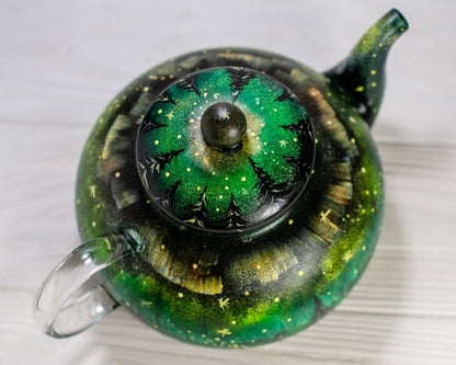 Hand Painted Aurora Borealis Teapot, Christmas Northern Lights Glass Tea Pot
