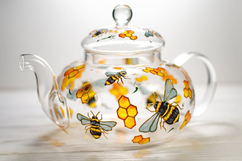 Hand Painted Bee Glass Teapot with Infuser: Honeycomb Tea Kettle