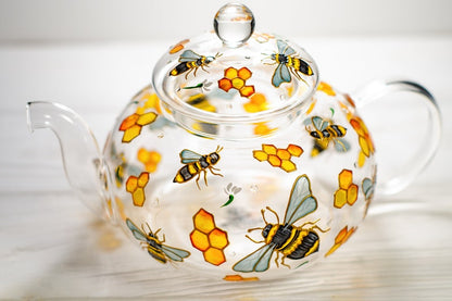 Hand Painted Bee Glass Teapot with Infuser: Honeycomb Tea Kettle