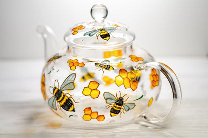 Hand Painted Bee Glass Teapot with Infuser: Honeycomb Tea Kettle