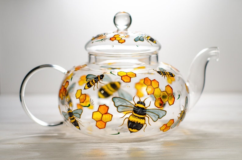 Hand Painted Bee Glass Teapot with Infuser: Honeycomb Tea Kettle