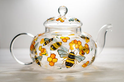Hand Painted Bee Glass Teapot with Infuser: Honeycomb Tea Kettle