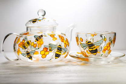Hand Painted Glass Tea Set, Bee Teapot with Cups and Saucers, Grandma Gift