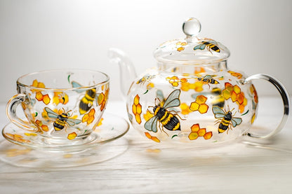 Hand Painted Glass Tea Set, Bee Teapot with Cups and Saucers, Grandma Gift