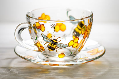 Hand Painted Glass Tea Set, Bee Teapot with Cups and Saucers, Grandma Gift